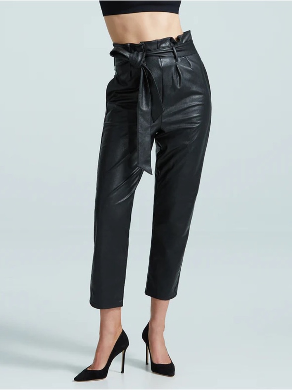 Commando Black High-Waist Faux Leather Paperbag Pants with Self-Tie Belt